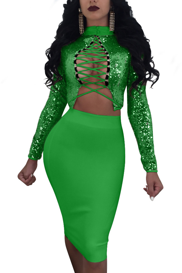 Sexy Mandarin Collar Lace-up Hollow-out Green Polyester Two-piece Skirt Set(Double Side Wear)