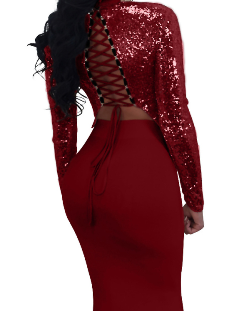 Sexy Mandarin Collar Lace-up Hollow-out Wine Red Polyester Two-piece Skirt Set(Double Side Wear) Sexy Mandarin Collar Lace-up Hollow-out Wine Red Polyester Two-piece Skirt Set(Double Side Wear)