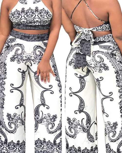 Sexy Printed Backless White Blending Two-piece Pants Set Sexy Printed Backless White Blending Two-piece Pants Set