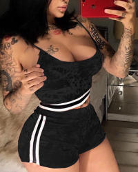 Sexy U-shaped Neck Patchwork Black Velvet Two-piece Shorts Set