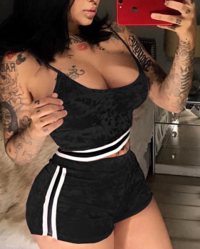 Sexy U-shaped Neck Patchwork Black Velvet Two-piece Shorts Set