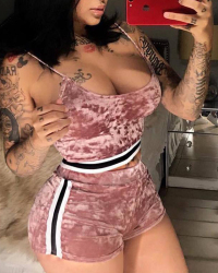 Sexy U-shaped Neck Patchwork Pink Velvet Two-piece Shorts Set