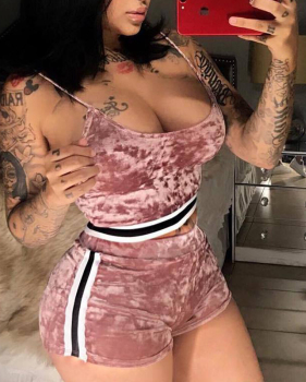 Sexy U-shaped Neck Patchwork Pink Velvet Two-piece Shorts Set