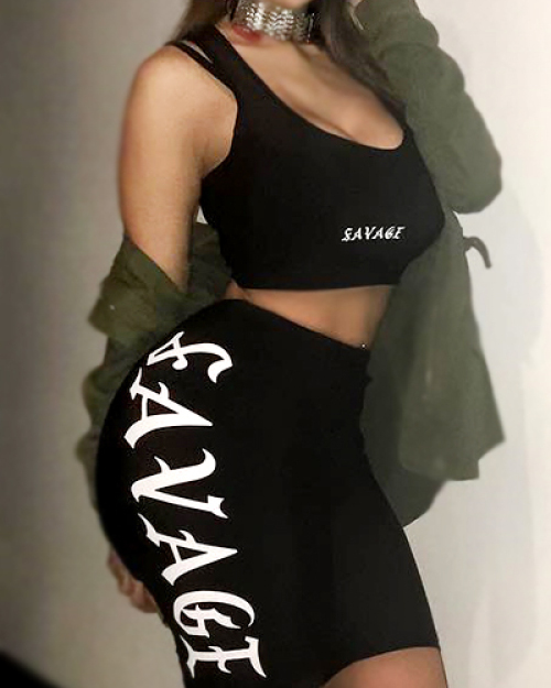 Sexy U-shaped Neck Sleeveless Letters Printed Backless Black Polyester Two-piece Shorts Set Sexy U-shaped Neck Sleeveless Letters Printed Backless Black Polyester Two-piece Shorts Set