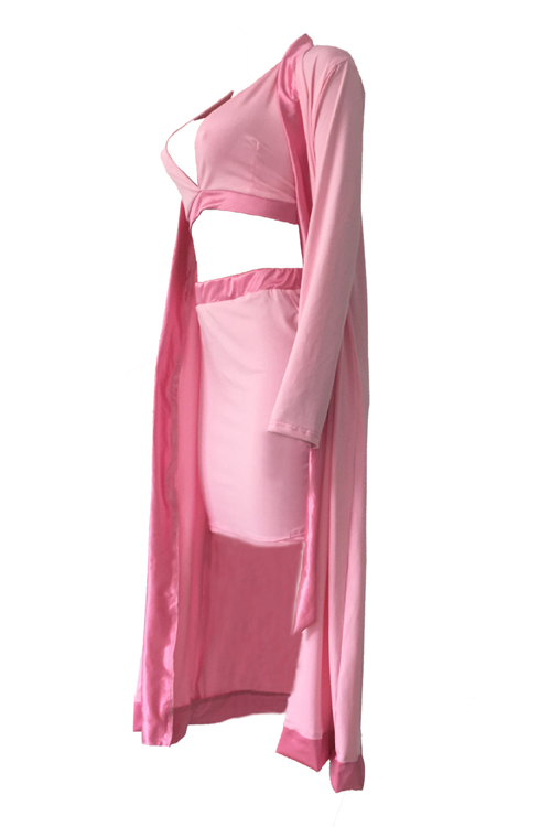 Sexy V Neck Patchwork Pink Polyester Three-piece Skirt Set