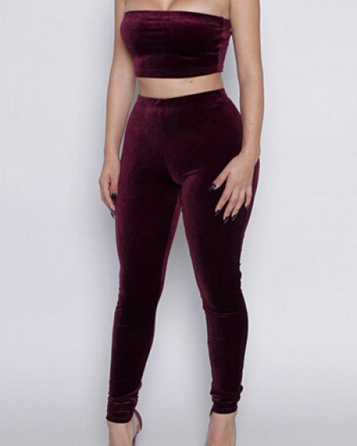 Solid Color Bateau Neck Sleeveless Wine Red Two-piece Pants Set Solid Color Bateau Neck Sleeveless Wine Red Two-piece Pants Set