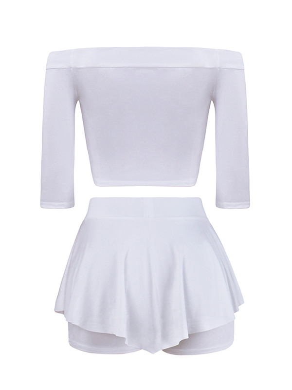 Stylish Dew Shoulder Half Sleeves Patchwork White Milk Fiber Two-piece Shorts Set