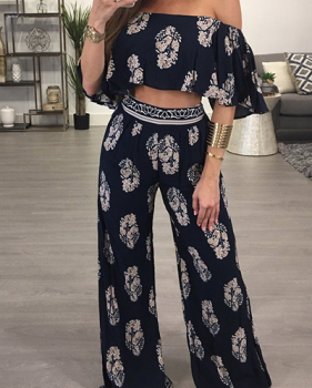 Stylish Dew Shoulder Printed Black Milk Fiber Two-piece Pants Set(Non Positioning Printing)