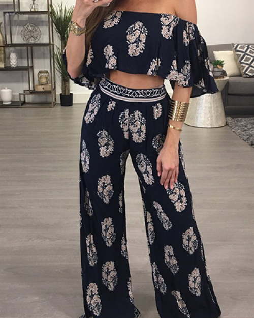 Stylish Dew Shoulder Printed Black Milk Fiber Two-piece Pants Set(Non Positioning Printing) Stylish Dew Shoulder Printed Black Milk Fiber Two-piece Pants Set(Non Positioning Printing)