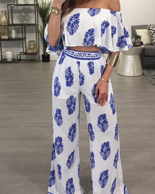 Stylish Dew Shoulder Printed White Milk Fiber Two-piece Pants Set(Non Positioning Printing) Stylish Dew Shoulder Printed White Milk Fiber Two-piece Pants Set(Non Positioning Printing)