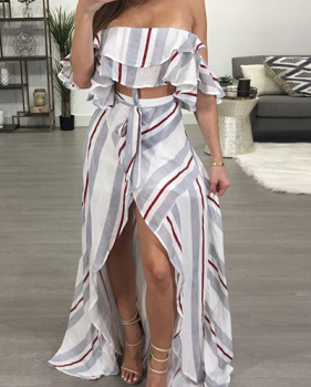 Stylish Dew Shoulder Striped Asymmetrical Light Grey Cotton Two-piece Skirt Set