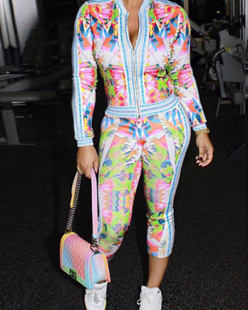 Stylish Mandarin Collar Long Sleeves Printed Healthy Fabric Two-piece Pants Set Stylish Mandarin Collar Long Sleeves Printed Healthy Fabric Two-piece Pants Set