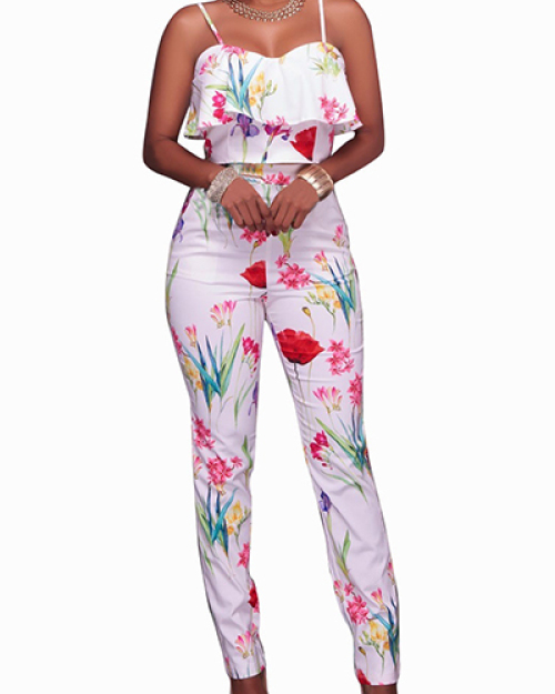 Stylish Rose Printed White Healthy Fabric Two-piece Pants Set Stylish Rose Printed White Healthy Fabric Two-piece Pants Set