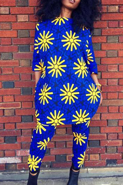 Stylish Round Neck Long Sleeves Floral Print Blue Qmilch Two-piece Pants Set