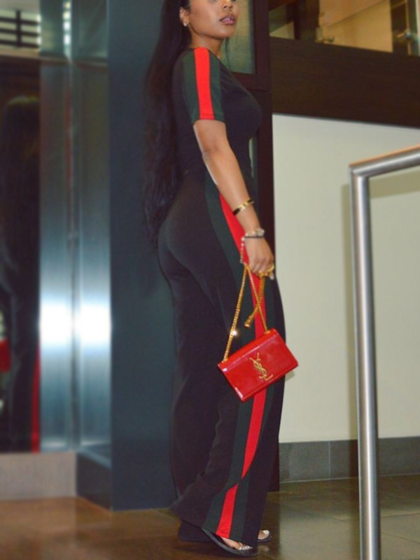 Stylish Round Neck Patchwork Black Polyester Two-piece Pants Set