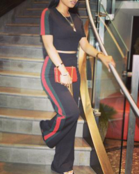 Stylish Round Neck Patchwork Black Polyester Two-piece Pants Set
