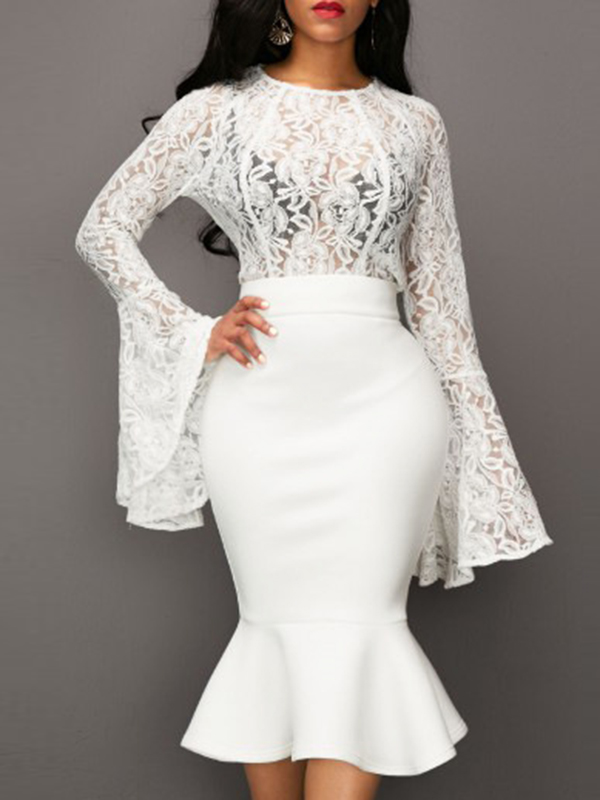 Stylish Round Neck See-Through White Lace Two-piece Skirt Set