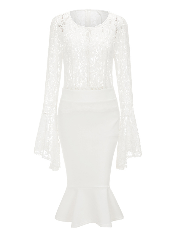 Stylish Round Neck See-Through White Lace Two-piece Skirt Set