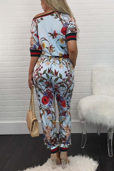 Stylish Round Neck Short Sleeves Printed Patchwork Blue Knitting Two-piece Pants Set