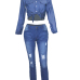 Stylish Turndown Collar Long Sleeves Button Design Blue Denim Two-piece Pants Set Stylish Turndown Collar Long Sleeves Button Design Blue Denim Two-piece Pants Set