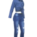 Stylish Turndown Collar Long Sleeves Button Design Blue Denim Two-piece Pants Set Stylish Turndown Collar Long Sleeves Button Design Blue Denim Two-piece Pants Set