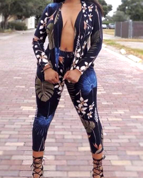 Stylish V Neck Long Sleeves Digital Printing Twilled Satin Two-piece Pants Set Stylish V Neck Long Sleeves Digital Printing Twilled Satin Two-piece Pants Set