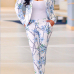 Stylish V Neck Long Sleeves Printed Blue Healthy Fabric Two-piece Pants Set Stylish V Neck Long Sleeves Printed Blue Healthy Fabric Two-piece Pants Set