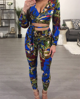 Stylish V Neck Long Sleeves Printed Hollow-out Blue Milk Fiber Two-piece Pants Set