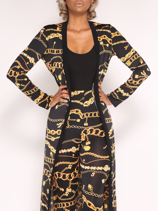 Stylish V Neck Printed Black Polyester Two-piece Pants Set