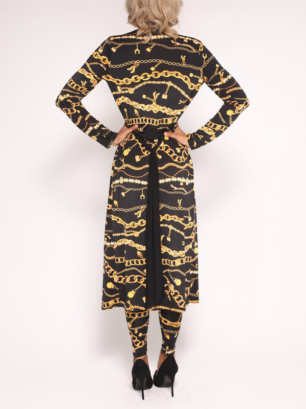 Stylish V Neck Printed Black Polyester Two-piece Pants Set