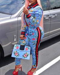Trendy Round Neck Long Sleeves Floral Print Blue Polyester Two-piece Pants Set Trendy Round Neck Long Sleeves Floral Print Blue Polyester Two-piece Pants Set
