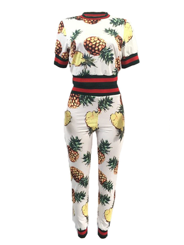 Trendy Round Neck Pineapple Printing White Cotton Two-piece Pants Set