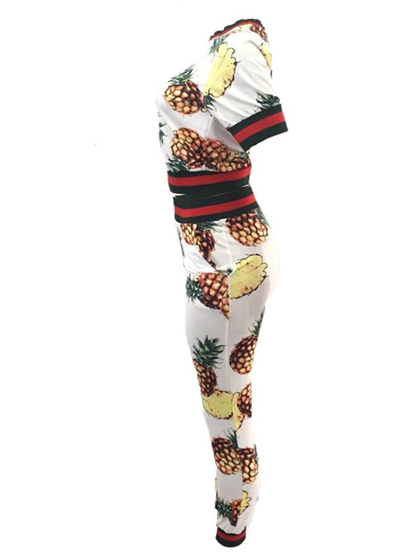 Trendy Round Neck Pineapple Printing White Cotton Two-piece Pants Set