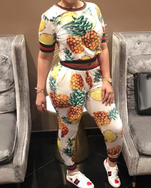 Trendy Round Neck Pineapple Printing White Cotton Two-piece Pants Set Trendy Round Neck Pineapple Printing White Cotton Two-piece Pants Set