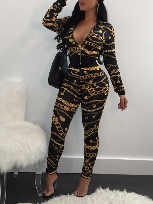 Trendy Round Neck Printed Zipper Design Black Knitting Two-piece Pants Set