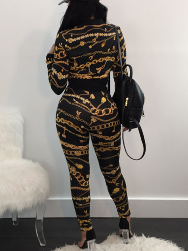 Trendy Round Neck Printed Zipper Design Black Knitting Two-piece Pants Set