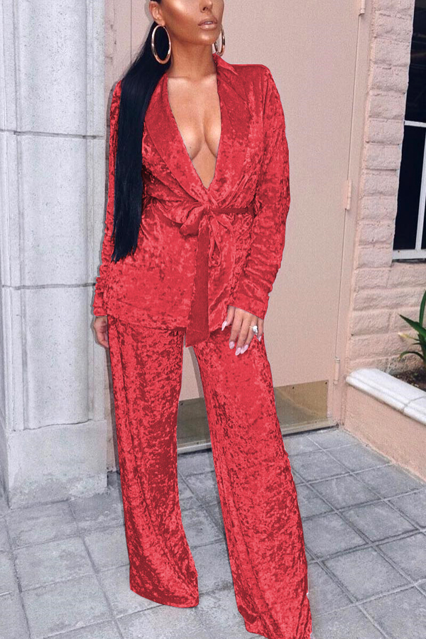 Trendy V Neck Lace-up Red Velvet Two-piece Pants Set