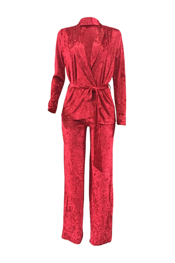 Trendy V Neck Lace-up Red Velvet Two-piece Pants Set