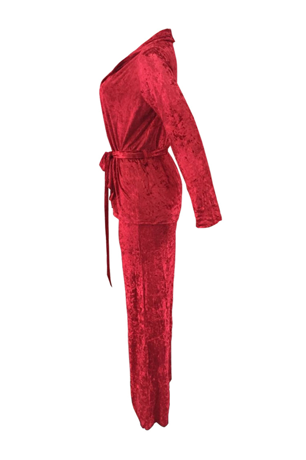 Trendy V Neck Lace-up Red Velvet Two-piece Pants Set