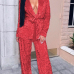 Trendy V Neck Lace-up Red Velvet Two-piece Pants Set Trendy V Neck Lace-up Red Velvet Two-piece Pants Set