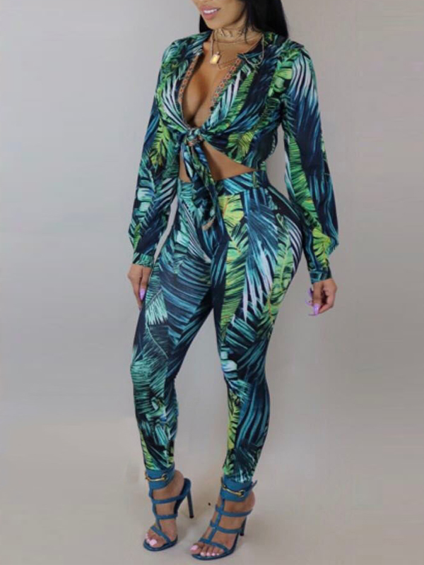Trendy V Neck Printed Green Polyester Two-piece Pants Set