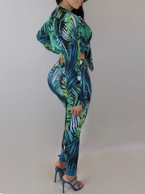 Trendy V Neck Printed Green Polyester Two-piece Pants Set