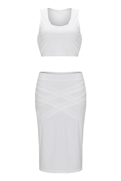 White Healthy Fabric Skirt Solid U Neck Sleeveless Casual Two Pieces