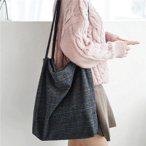 2019 Autumn & Winter Women Woolen Canvas Shoulder Bag Ladies Vintage Plaid Handbag Totes Female Cotton Wool Cloth Shopping Bags