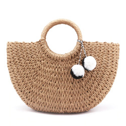 2018 New Summer Handmade Bags Women Pompon Beach Weaving Ladies Straw Bag Wrapped Beach Bag Moon shaped Bag