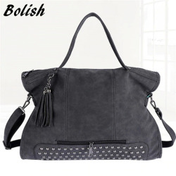 Bolish Rivet Vintage PU Leather Female Handbag Fashion Tassel Messenger Bag Women Shoulder Bag Larger Top-Handle Bags Travel Bag