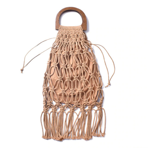 Handmade cotton woven wood handle womens handbags and purses hollow rope tassel beach female net straw tote evening clutch bags