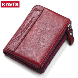 KAVIS 100% Genuine Leather Vintage Small Women Wallets Female Womens Wallet Zipper Design With Coin Purse Pockets Mini Walet