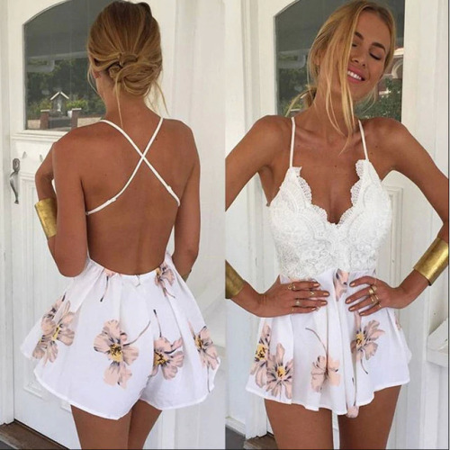 2017 Summer macacao feminino Lace Halter V Neck Floral Playsuit Sexy Shorts Rompers Womens Overall Jumpsuits