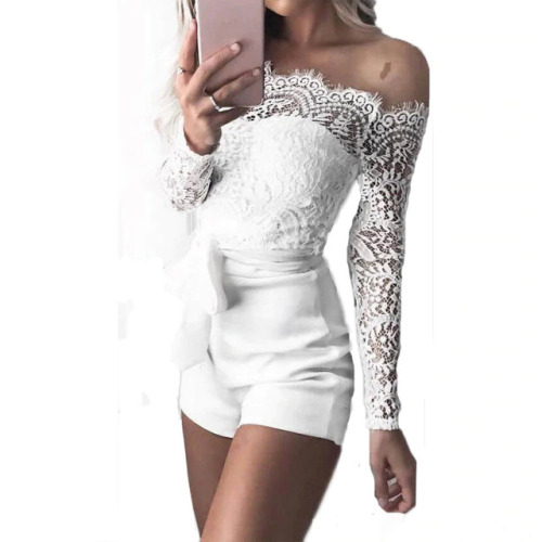 2018 Hot sexy women jumpsuits rompers shorts fashion summer long sleeve lace patchwork playsuits Off Shoulder belted holiday set